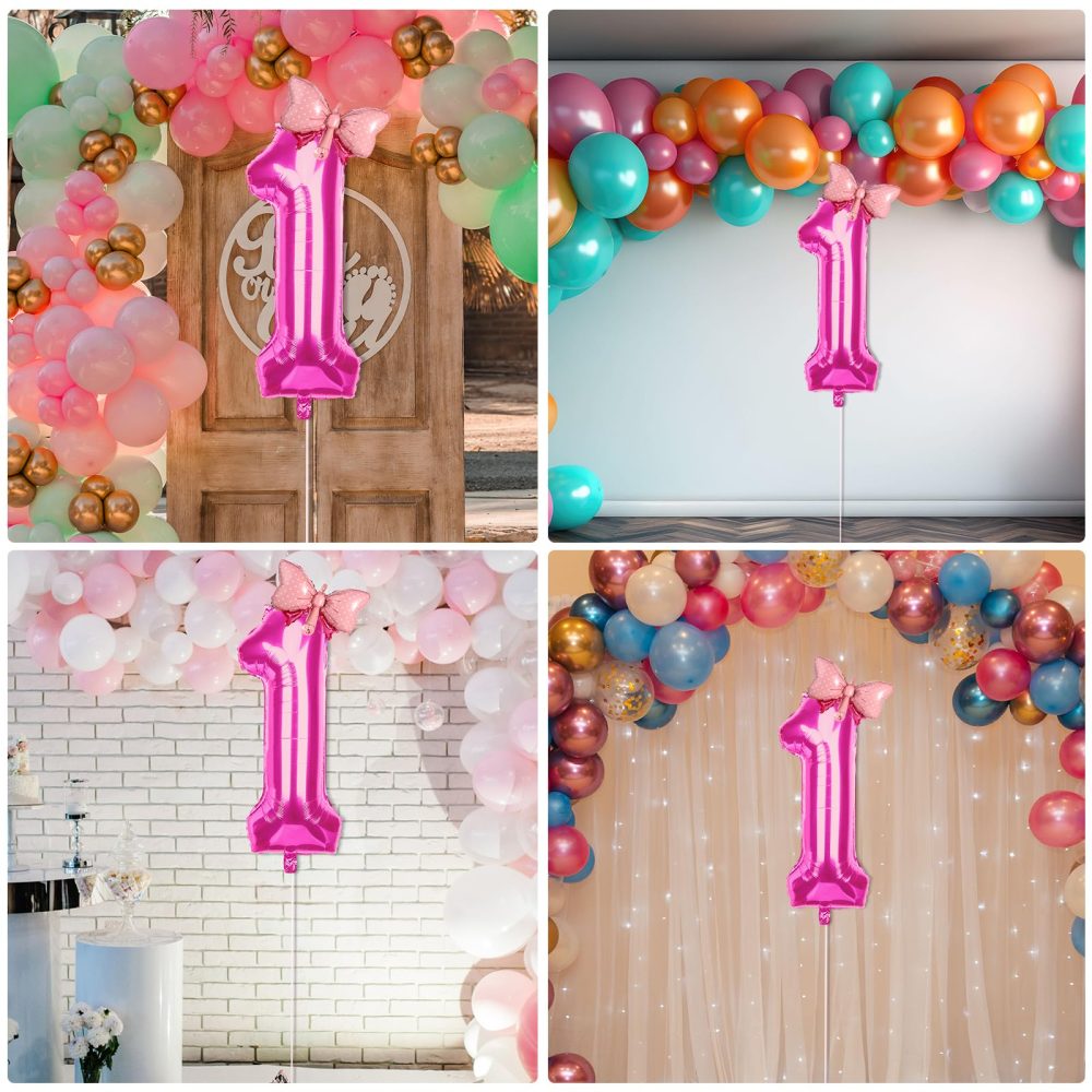 Number Birthday Balloons, Pink Number Balloon Number Balloons For Birthday Party Bow Tie Helium Foil Balloons for Birthday Party Wedding Anniversary Events Supplies (Number 1) - Image 4