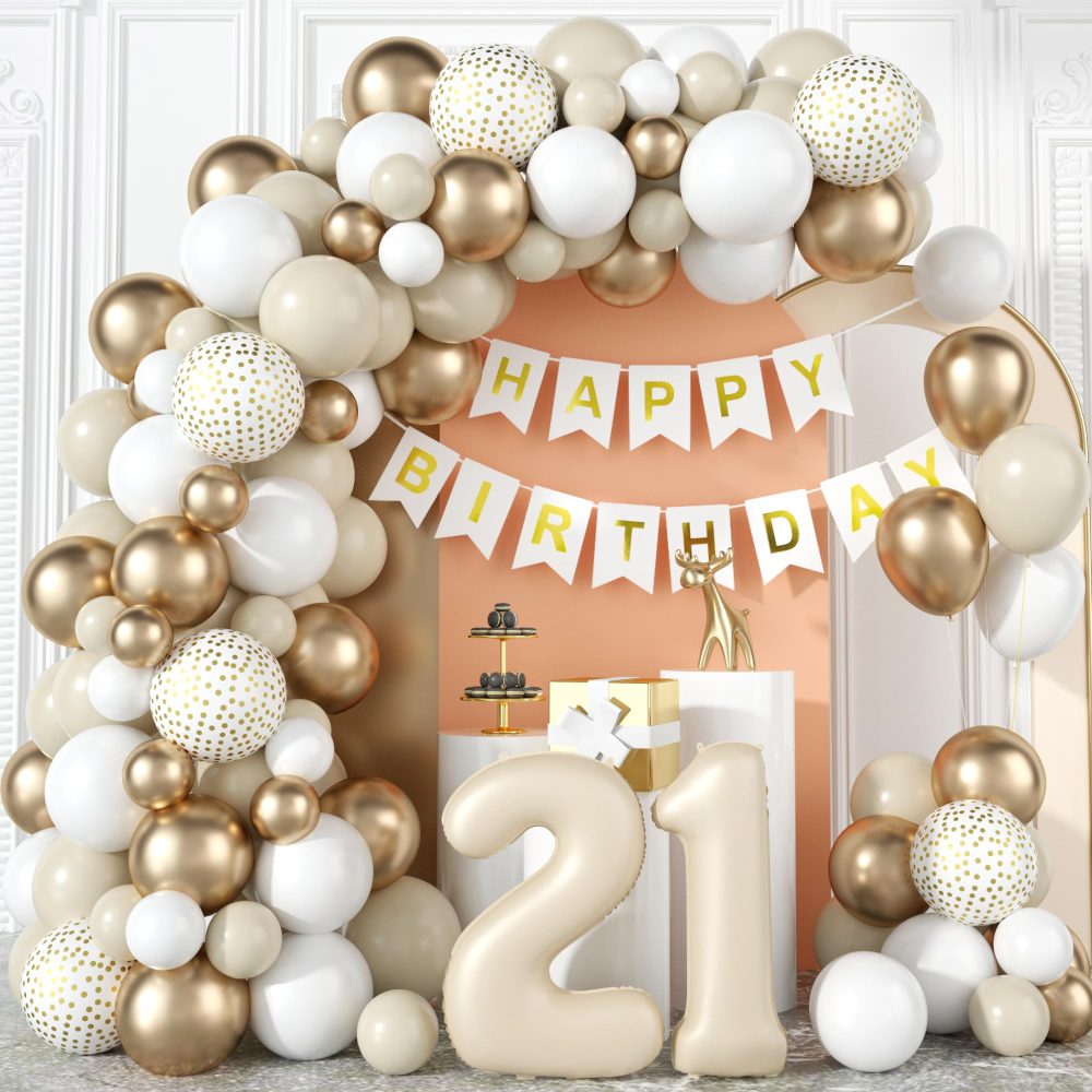 21st Birthday Decorations for Girls Women Sand White Gold Balloons Arch Kit with Cream Number Foil Balloon Happy Birthday Banner Boho Beige White Metallic Champagne Gold Party Decor for 21 Years Old