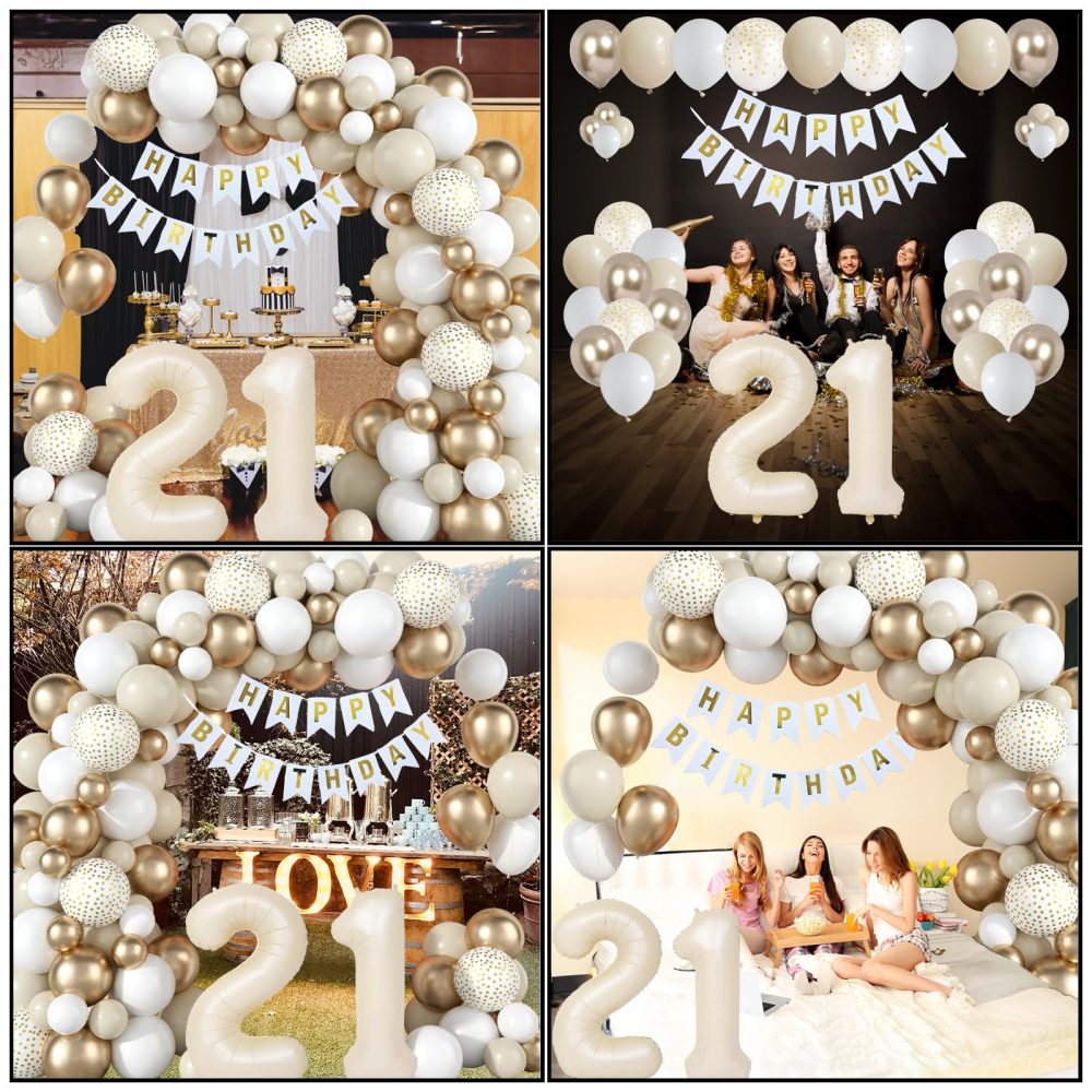21st Birthday Decorations for Girls Women Sand White Gold Balloons Arch Kit with Cream Number Foil Balloon Happy Birthday Banner Boho Beige White Metallic Champagne Gold Party Decor for 21 Years Old - Image 5