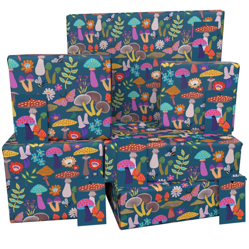 Luxury ECO Gift Wrap - 6 sheets/tags - Purple Magical Mushrooms - Birthday - Recycled & Recyclable Wrapping Paper - Re-wrapped
