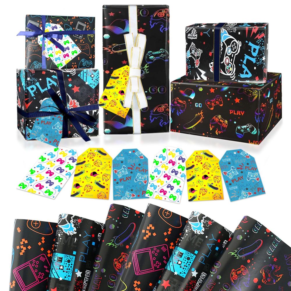 Jatidne Gaming Wrapping Paper with Gift Tags Boys Gift Wrap for Birthday Present Recyclable Paper 6 Sheets