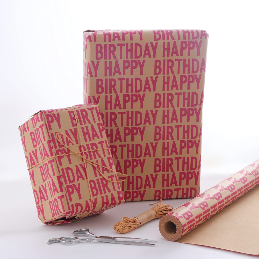 HBell Birthday Wrapping Paper Roll,15m Red Happy Birthday Wrapping Paper,Recyclable Kraft Gift Wrapping Paper with Tape Paper Rope for Boy Gilrs Men Women Birthday Decorations - Image 6