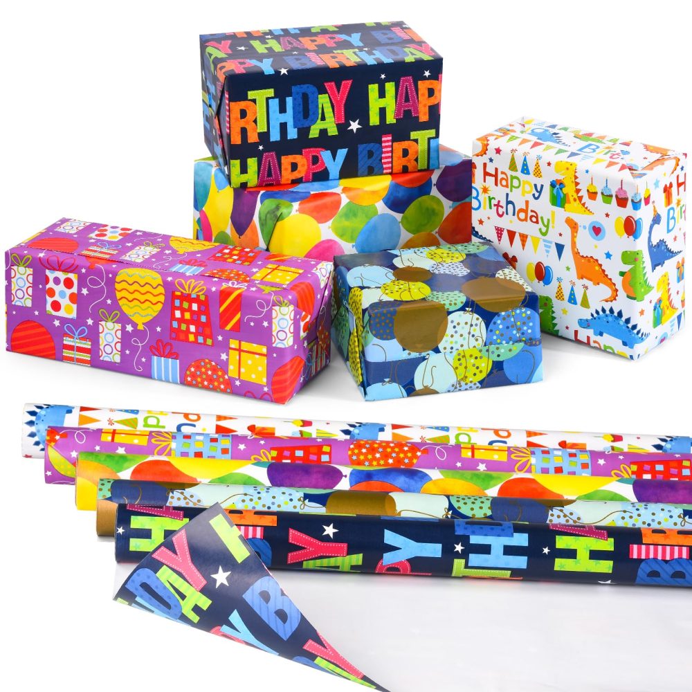 Birthday Wrapping Paper Roll, 5 Rolls 43cm x 3M Gift Wrapping Paper for Boys, Girls, Kids - Perfect for Birthdays, Parties & Graduation
