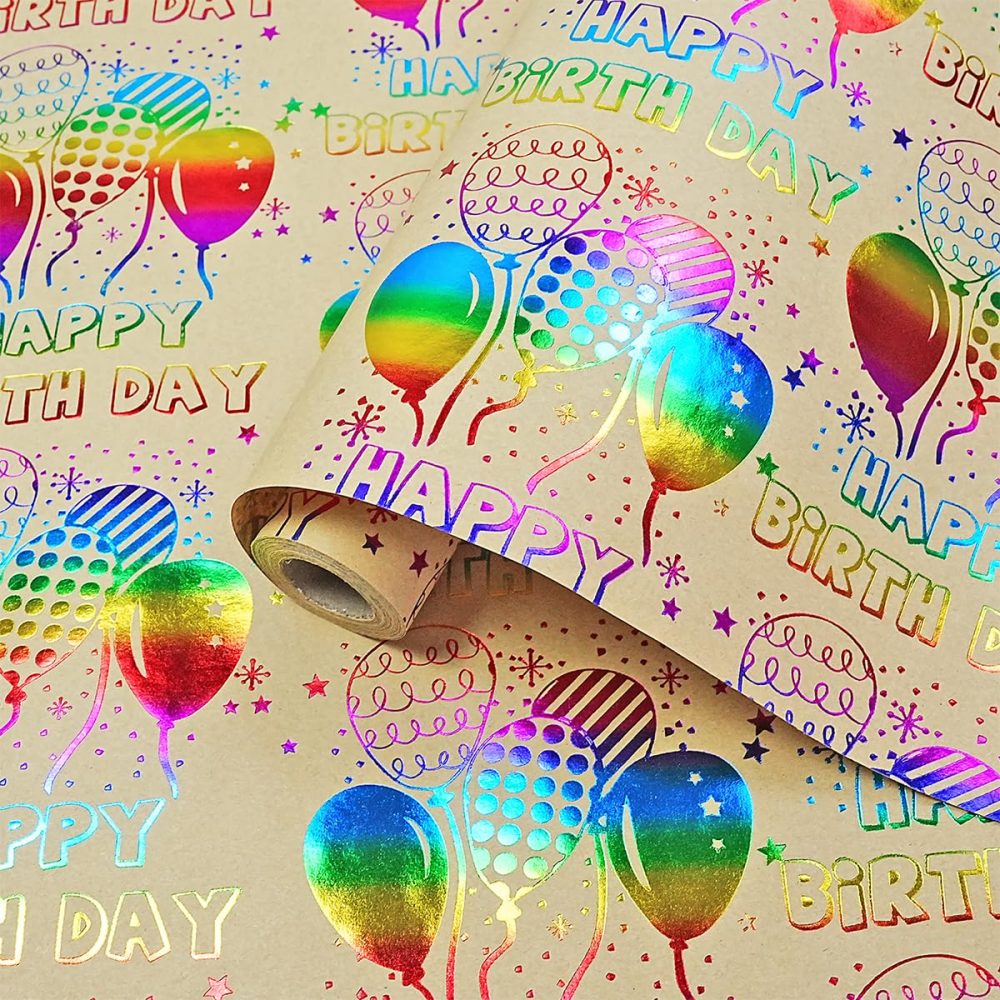 Birthday Wrapping Paper Roll 43cm x 10m, Colorful Metallic Foil Kraft Birthday Wrapping Paper, Happy Birthday Wrapping Paper Roll for Girls Women Boys Men, Gift Wrapping Paper for Birthday Baby Shower