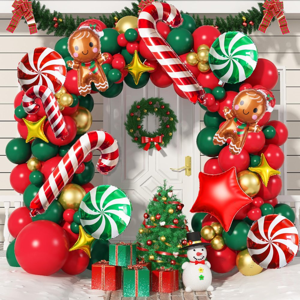 Christmas Balloon Arch Kit Red Green Gold Latex Balloons Garland Large Gingerbread Man Red Green Windmill Mini Crutch Foil Balloons with Four/Five Pointed Star for Xmas New Year Party Decortaion