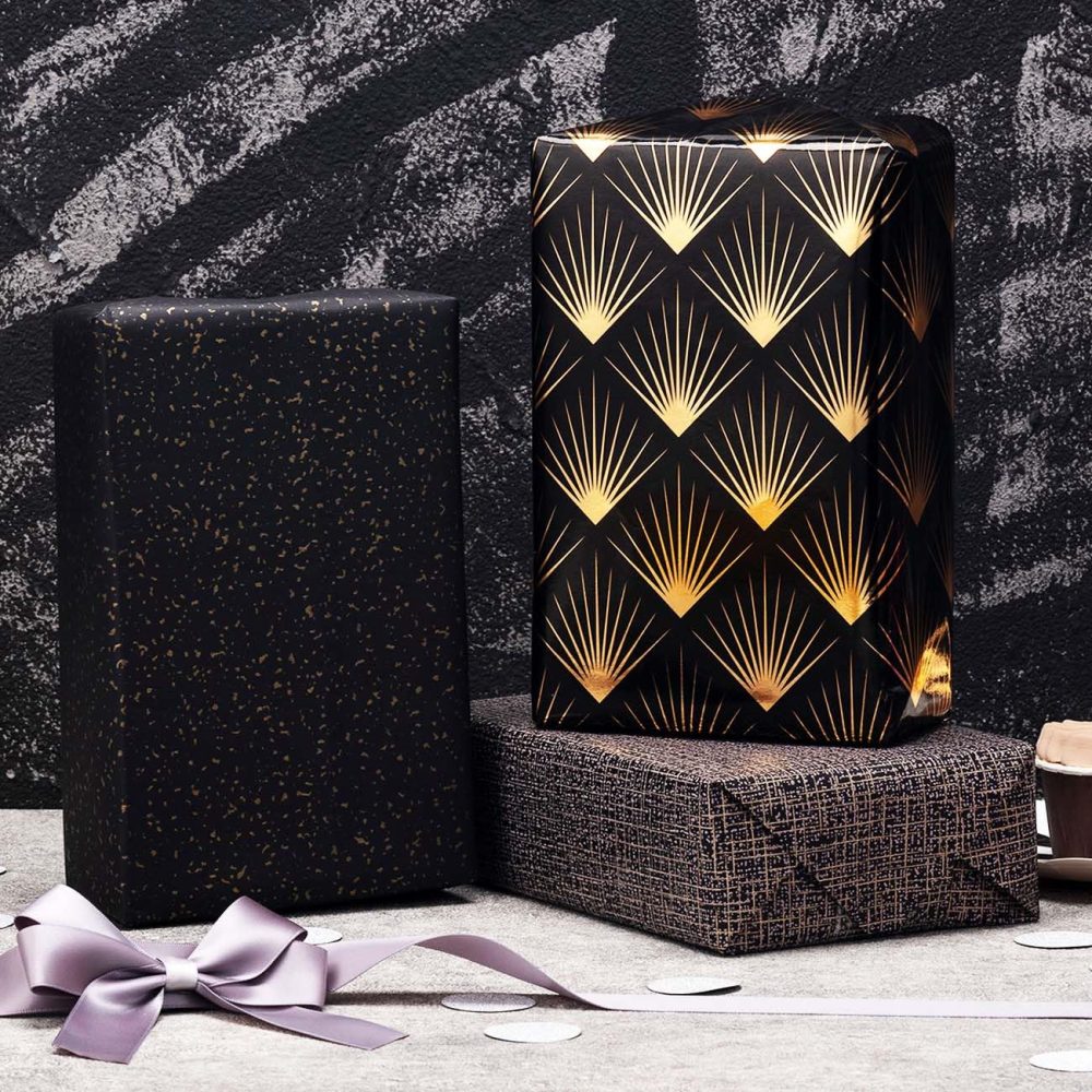 3 Roll Black Wrapping Paper(43cm x 3m),Black and Gold Gift Wrapping Paper for Wedding,Birthday - Image 2