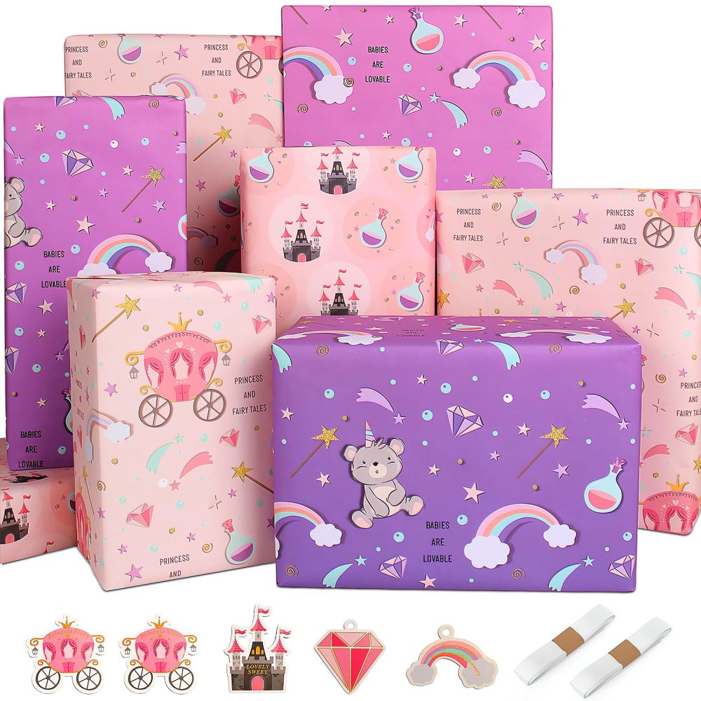 Wrapping Paper Girls Birthday Wrapping Paper Sheets,Purple Castle Rainbow Pink Wrapping Paper Set,Recycled Gift Wrapping Paper for Girls Kids Gift Wrap Birthday Paper for Present,Tag Ribbion