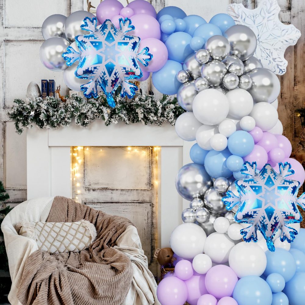 Frozen Balloon Arch Garland Kit, 141Pcs Pastel Purple Blue White Metallic Silver Winter Wonderland Balloon Arch with Snowflake Foil Balloon for Frozen Birthday Party Christmas Princess Decorations - Image 3