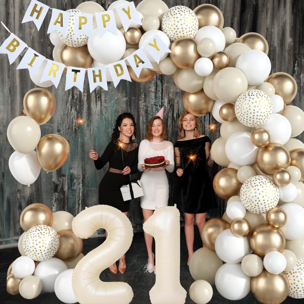 21st Birthday Decorations for Girls Women Sand White Gold Balloons Arch Kit with Cream Number Foil Balloon Happy Birthday Banner Boho Beige White Metallic Champagne Gold Party Decor for 21 Years Old - Image 6