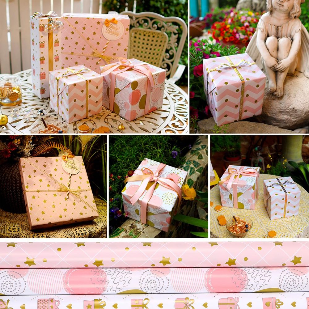 Wrapping Paper Sheets, 12 Sheets Birthday Wrapping Paper for Girls Women Female, Pink and Gold Foil Gift Wrapping Paper Gift Wrap for Birthday, Wedding, Valentine's Day, Party, Baby Shower, 70 X 50CM - Image 6