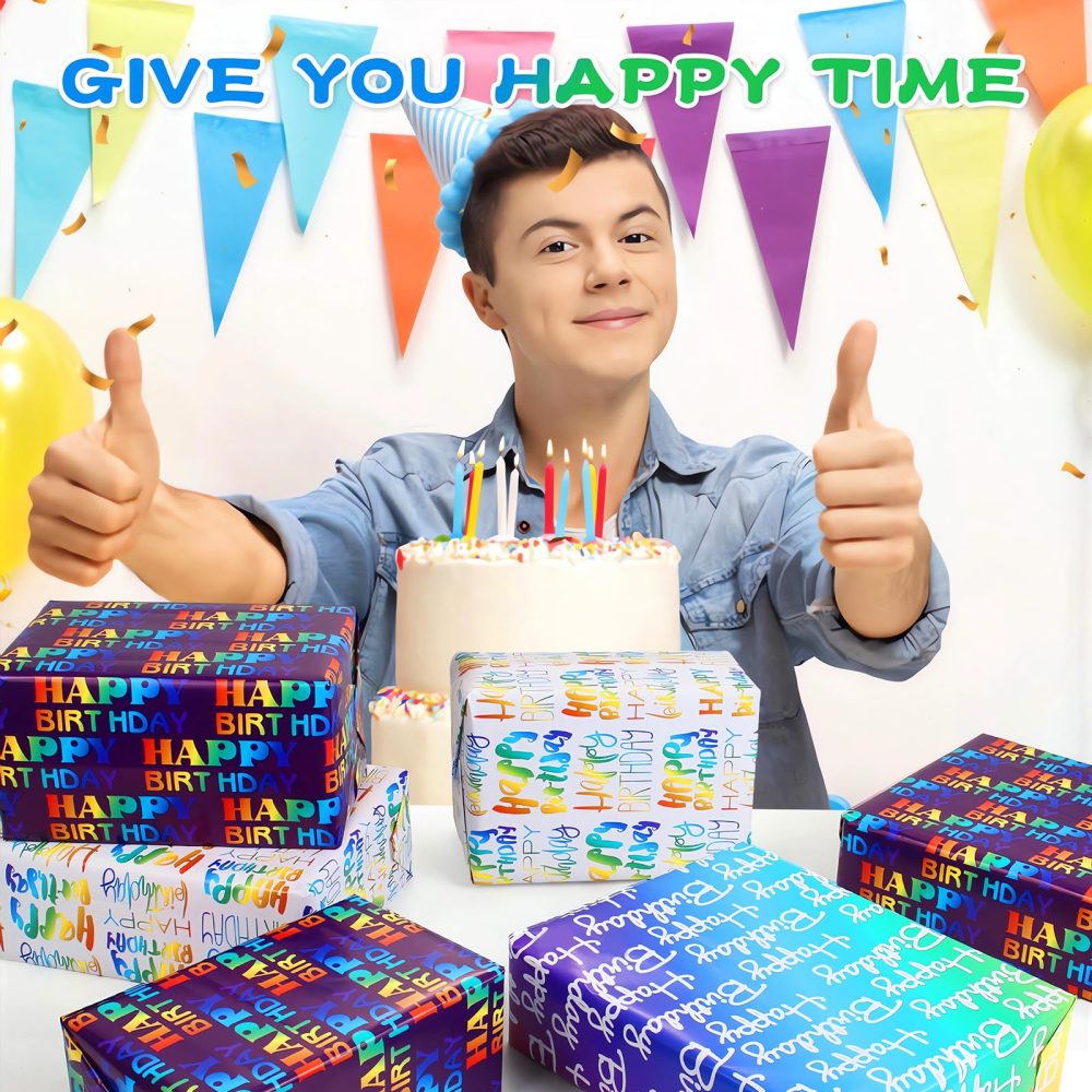 Wrapping Paper Birthday with Gradient Multi Color Happy Birthday Text Design,Birthday Wrapping Paper,6 Gift Wrapping Paper Sheet+Tags+Ribbon,Birthday Gift Wrap Birthday Paper for Boy Men Girl Women - Image 3