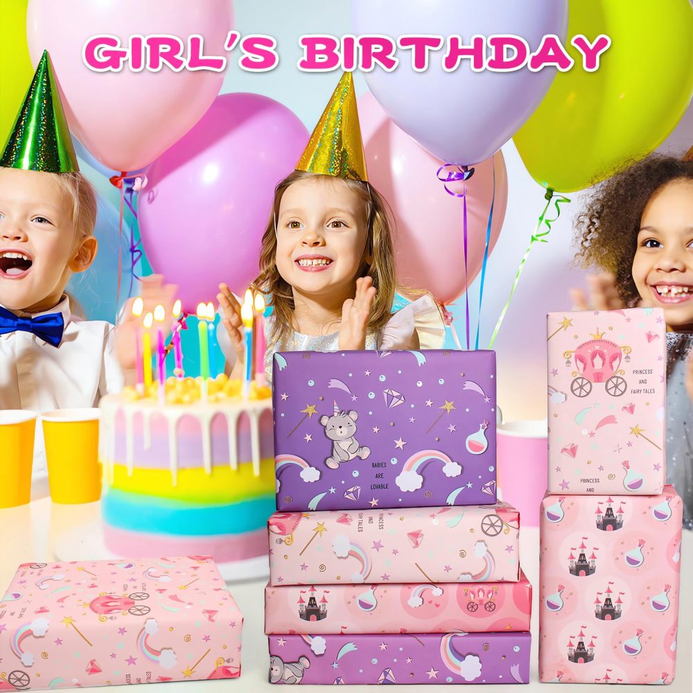 Wrapping Paper Girls Birthday Wrapping Paper Sheets,Purple Castle Rainbow Pink Wrapping Paper Set,Recycled Gift Wrapping Paper for Girls Kids Gift Wrap Birthday Paper for Present,Tag Ribbion - Image 5