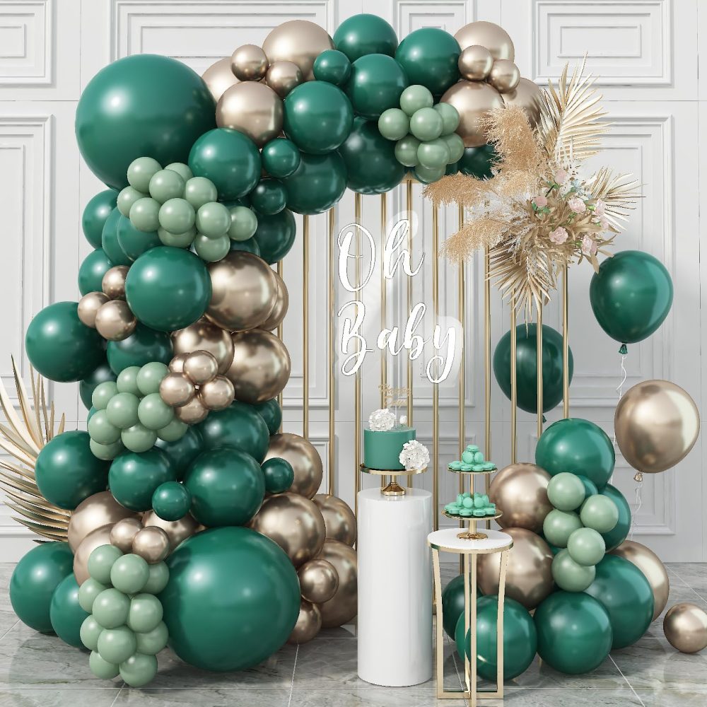 Green and Gold Balloon Arch Garland Kit, Dark Green Emerald Green Balloon Sage Green Latex Balloons with Metallic Gold Helium Balloons for Forest Jungle Birthday Wedding Graduation Party Decorations