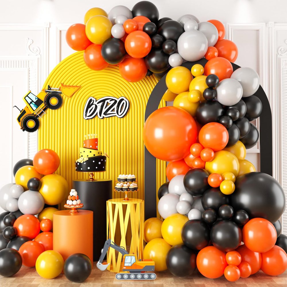 Black Yellow Orange Grey Garland Arch Kit,BTZO Construction Balloons,Black Orange Yellow Balloons Arch for Birthday Baby Shower Construction Truck Them Party Boys Party Supplies