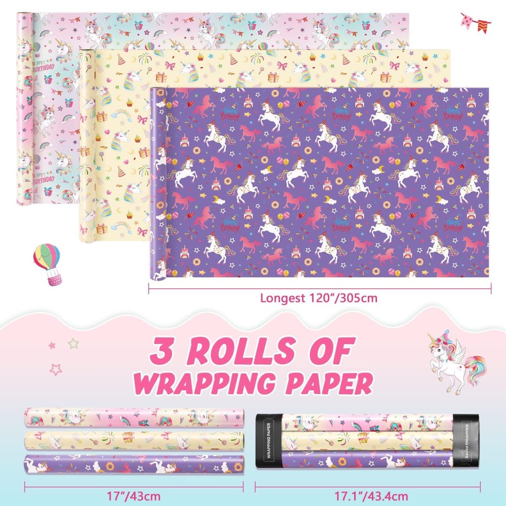WERNNSAI Unicorn Wrapping Paper Rolls - 3 Rolls 43 x 305cm Unicorn Birthday Wrapping Paper Rolls Pink Unicorn Rainbow Gift Wrap Paper Girls Wrapping Paper Rolls Kids Bday Gift Wrap with Cutting Line - Image 7