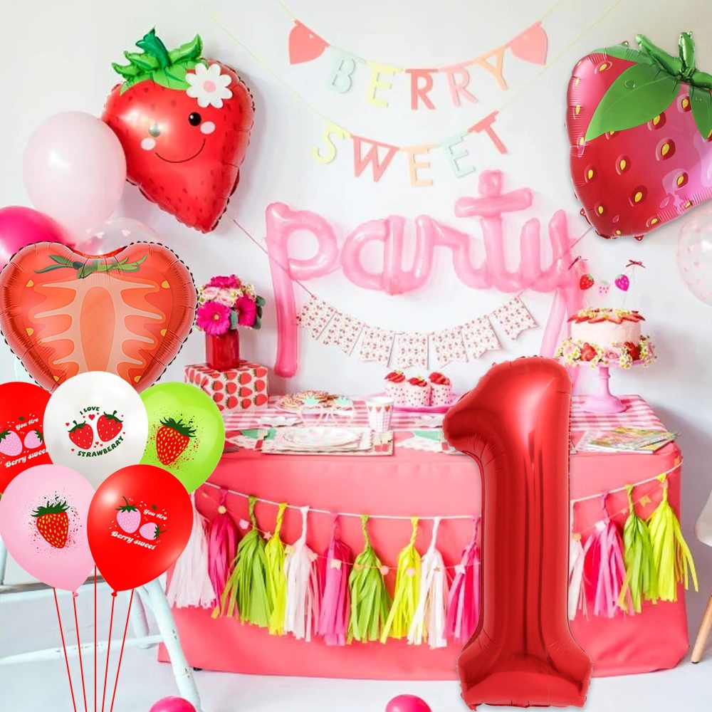 1st Strawberry Birthday Decoration Balloons - 15 Pieces 1st Birthday Decoration Number 1 Red Balloon Smile Heart Strawberry Balloons Latex Balloons for Boys Girls First Strawberry Party Decorations - Image 2