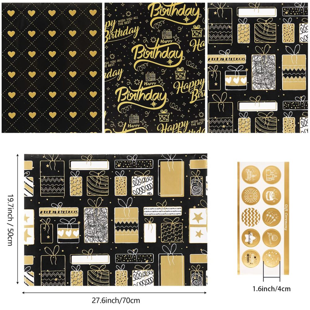 Gift Wrapping Paper, 6 Sheets Wrapping Paper with Stickers, Black Gold Wrapping Paper with Hearts Happy Birthday Gift Bag Pattern Gift Wrapping for Birthday Graduation Baby Shower, 70x50CM - Image 3