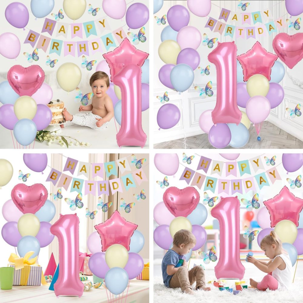 1st Birthday Decoration for Girls, Pastel Macaron 1st Birthday Balloon, Pink Number 1 Balloon with Butterfly Stickers, Star Heart Foil Balloons Banner Set for Baby 1 Year Old Birthday Party Decor - Image 3