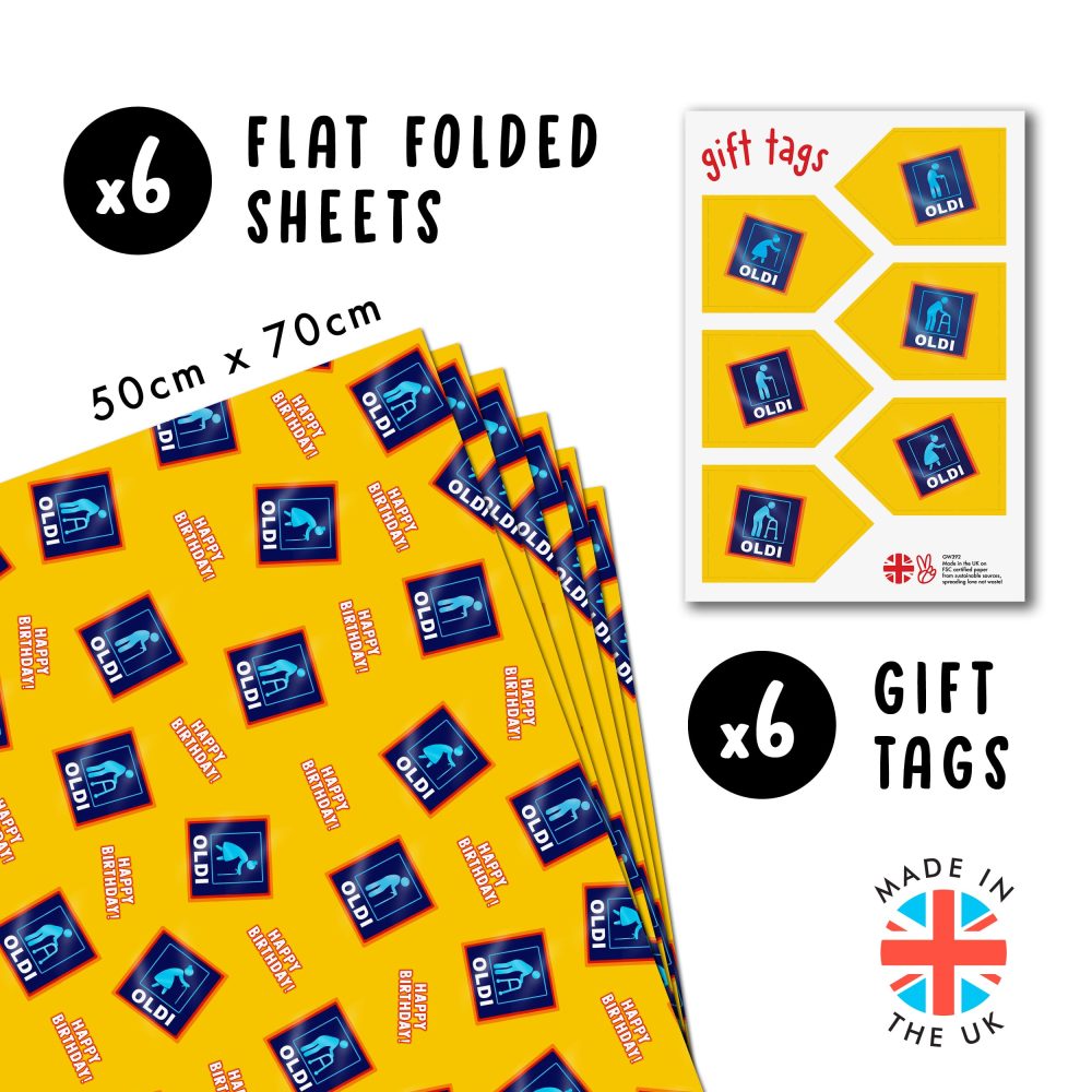 Funny Wrapping Paper - Oldi Wrapping Paper - 6 Sheets of Gift Wrap - 'Happy Birthday Oldi' - Blue Yellow - For Husband Wife - Mum Dad - Recyclable - By Central 23 - Image 7