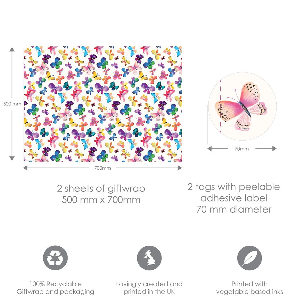 Wrapping Paper 12366A"Butterflies" Gift Wrap Pack with 2 Sheets & 2 Tags, Plastic Free & Fully Recyclable, Multicoloured - Image 4