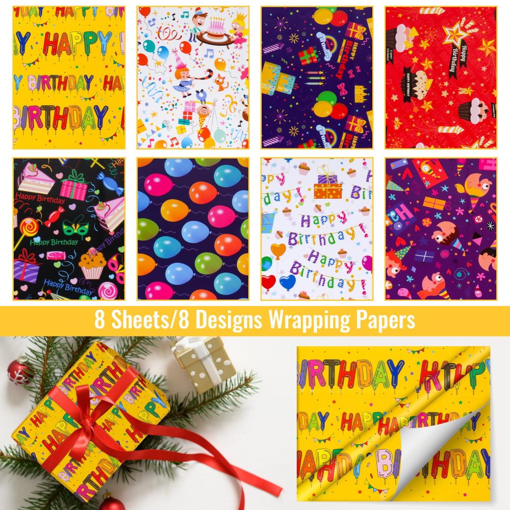 GAOHUI Gift Wrapping Paper, 8 Sheets Birthday Wrapping Paper Recyclable Gift Wrap Sheets with 10 Gift Tags, 2 Rope, Perfect for Birthdays, DIY, Easter, Any Occasion(70 X 50cm) - Image 7