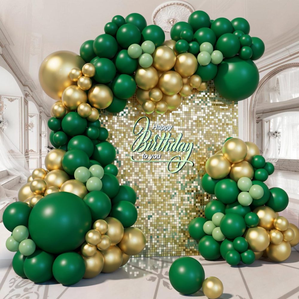 Green Gold Balloon Arch Kit, 128pcs Emerald Green Metallic Gold Balloon Garland, Forest Dark Green Sage Green Balloons for Birthday, Baby Shower, Gender Reveal, Wedding, Jungle Party Decorations