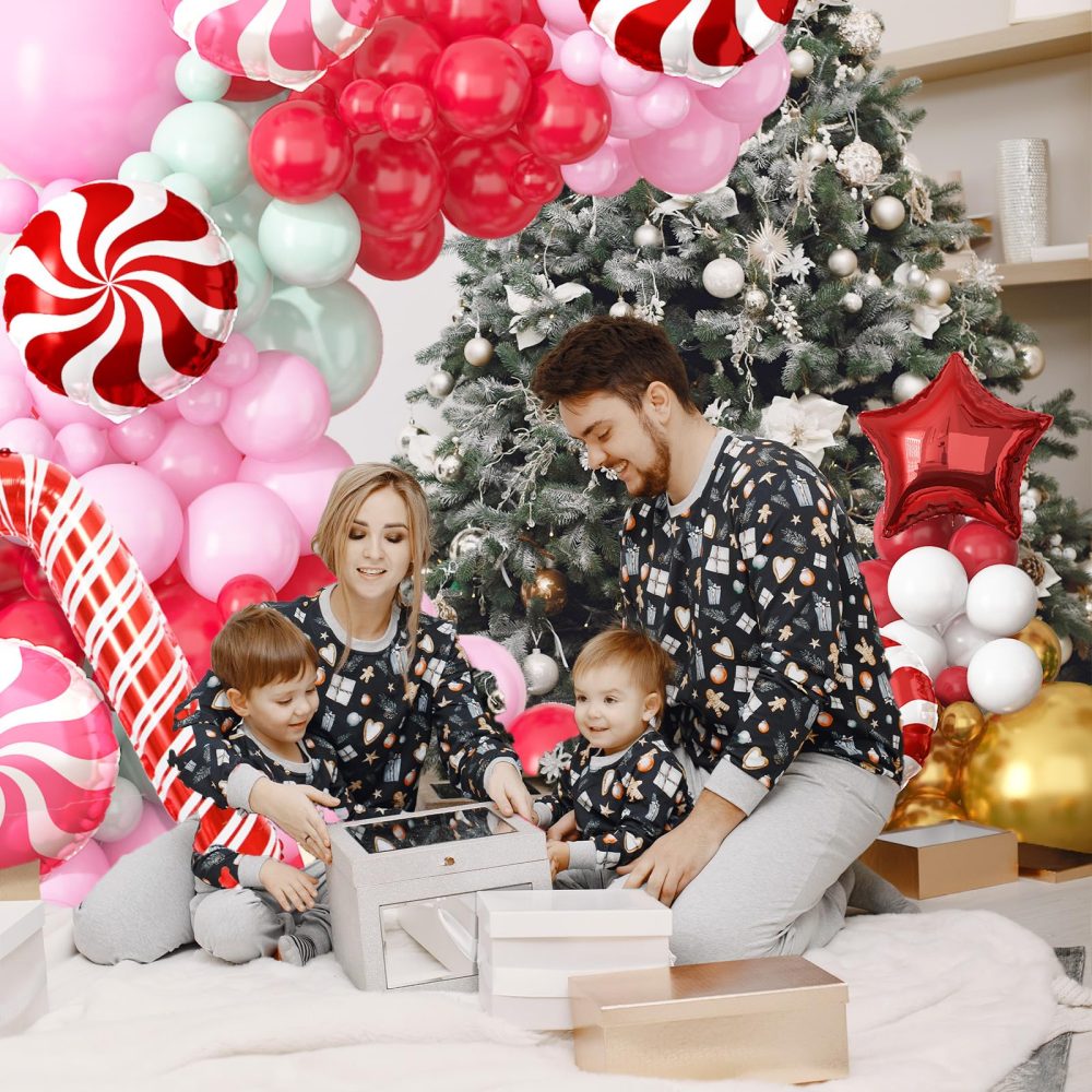Christmas Balloon Arch Kit, 114 PCS Merry Christmas Decorations Pink Red Green Balloons with Pink Red Windmill Cane Foil Balloons, Baby Pink Mint Green Balloons for Xmas Merry Christmas Party Supplies - Image 3