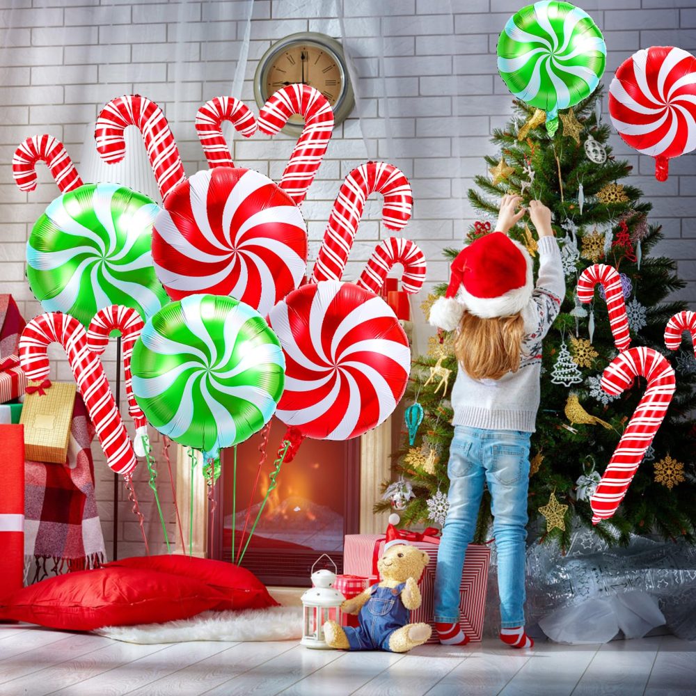 HOWAF Christmas Foil Balloons, 15Pcs Large Candy Cane Balloons Red Green Christmas Round Swirl Candy Foil Balloons Xmas Candy Helium Balloons for Candies Theme Birthday Party Christmas Decorations - Image 2