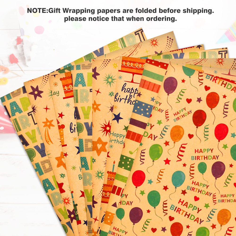 Wrapping Paper Birthday Wrapping Paper Sheets-Recyclable Birthday Gift Wrap Set with Tag String-Eco Gift Wrapping Paper Kraft Present Wrapping Paper Birhtday Paper Birthday Wrap for Men Women Girl Boy - Image 3