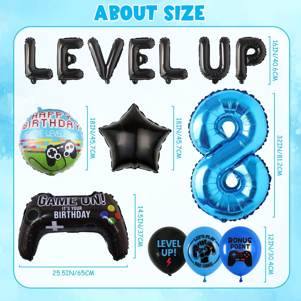 Blue 8th Video Game Balloon - 32 Pieces 8th Birthday Decorations Level Up Letter Number 8 Foil Balloon Game Controller Birthday Balloon Round Star Foil Balloon for Boy Video Game Birthday Decorations - Image 6