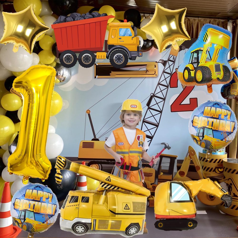 Teslite Construction Balloons 1 Year Old, 9Pcs Party Supplies with 40 Inch Gold Number Balloons, Large Digger Set, Happy Birthday Foil for Boys 1st Decorations - Image 3