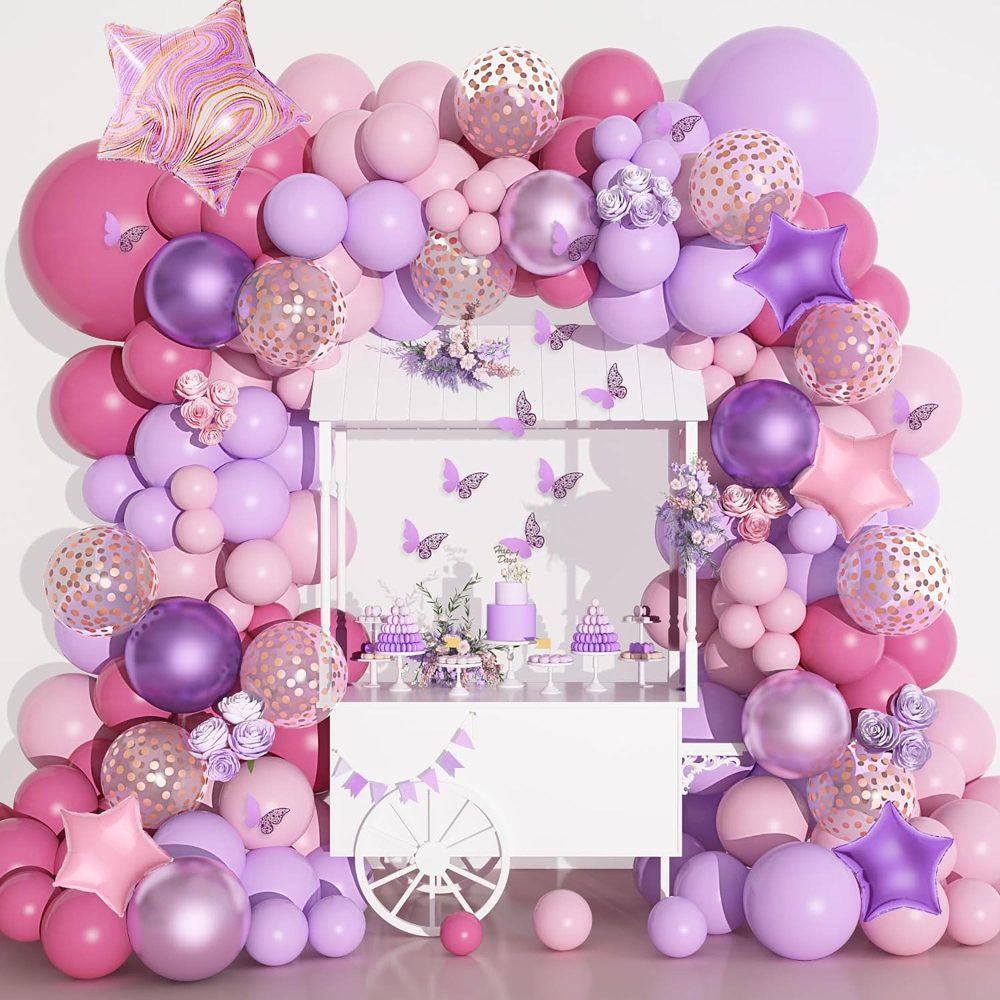 180Pcs Pink Purple Balloon Arch Kit 12 Hollow Butterfly Sticker Bitrthday Purple Pink Party Decoration for Girls Woman Star Foil Balloon Butterfly Decoration for Baby Shower Weeding Party Decor - Image 4