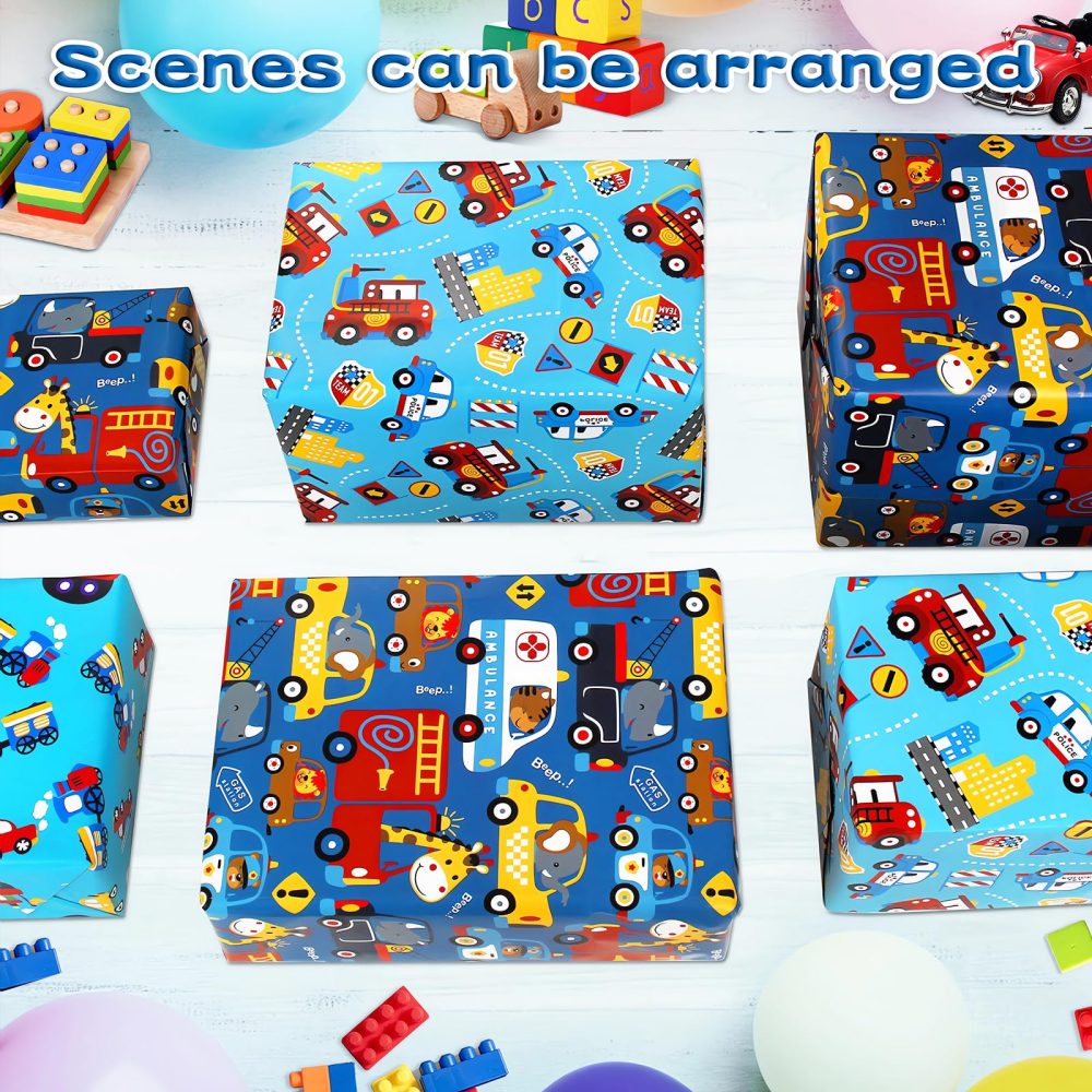 Wrapping Paper for Kids Boys Birthday Wrapping Paper Sheets with Police Car Fire Trucks Crane Ambulance Giraffe Elephant Gift Wrapping Paper Children Birthday Gift Wrap Set Birthday Paper, Tag Ribbion - Image 4