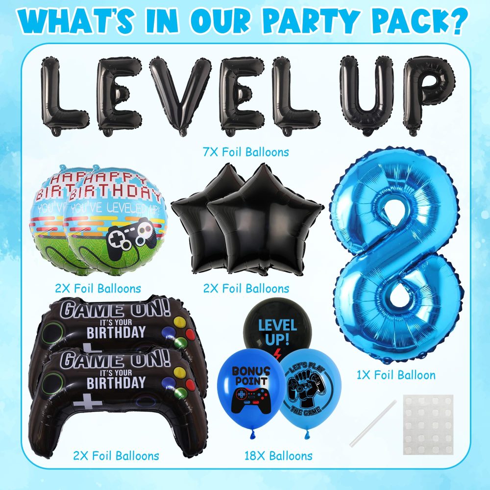 Blue 8th Video Game Balloon - 32 Pieces 8th Birthday Decorations Level Up Letter Number 8 Foil Balloon Game Controller Birthday Balloon Round Star Foil Balloon for Boy Video Game Birthday Decorations - Image 7