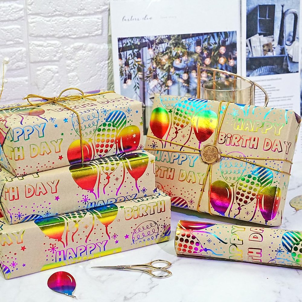 Birthday Wrapping Paper Roll 43cm x 10m, Colorful Metallic Foil Kraft Birthday Wrapping Paper, Happy Birthday Wrapping Paper Roll for Girls Women Boys Men, Gift Wrapping Paper for Birthday Baby Shower - Image 3
