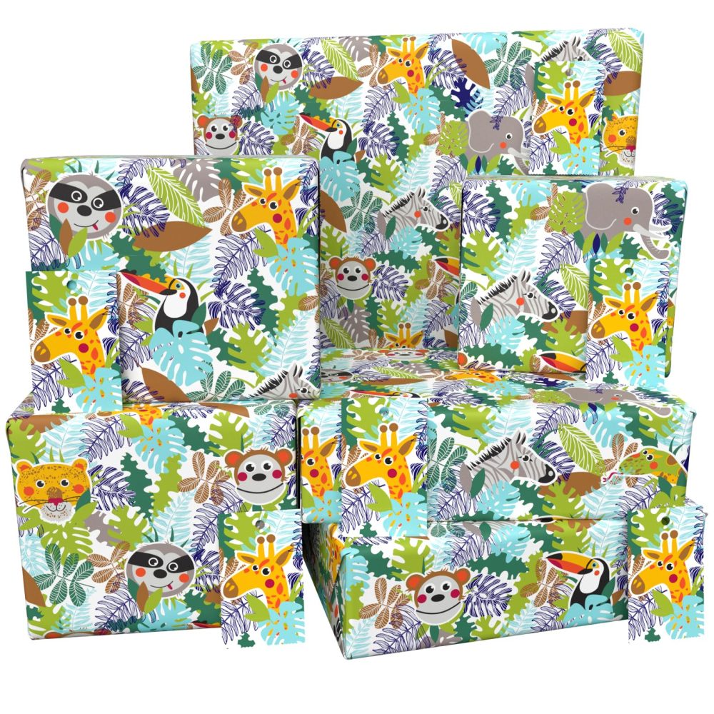 Luxury ECO Gift Wrap - 6 sheets/tags - Childrens Jungle Animals Green - Birthday - Recycled & Recyclable Wrapping Paper - Re-wrapped
