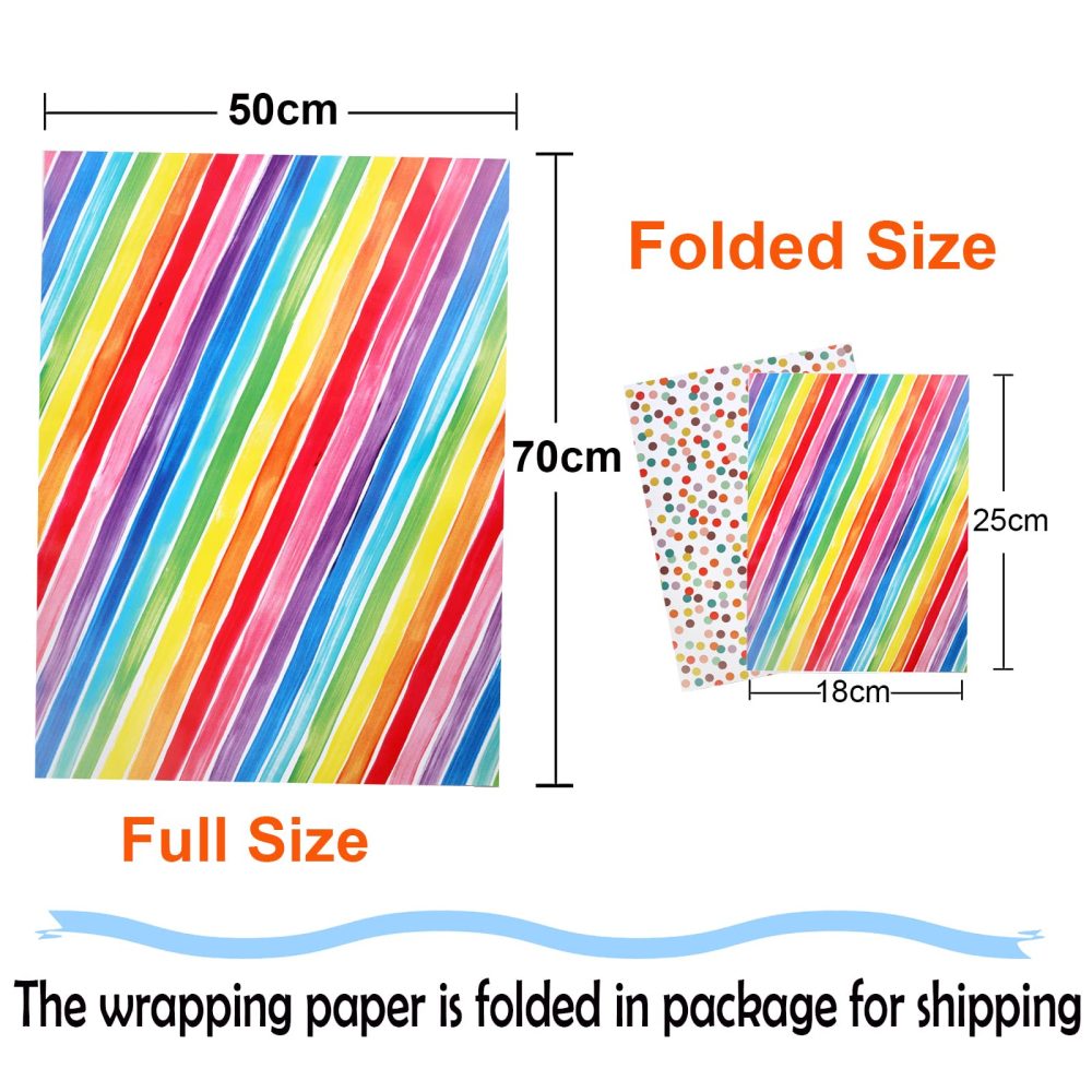 Jatidne 12 x Birthday Wrapping Paper Sheets Recyclable Gift Wrap Colorful Rainbow Wrapping Paper 70cm x 50cm Recycled Paper Folded - Image 3