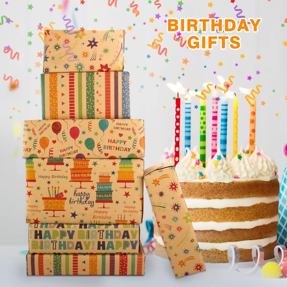 Wrapping Paper Birthday Wrapping Paper Sheets-Recyclable Birthday Gift Wrap Set with Tag String-Eco Gift Wrapping Paper Kraft Present Wrapping Paper Birhtday Paper Birthday Wrap for Men Women Girl Boy - Image 5