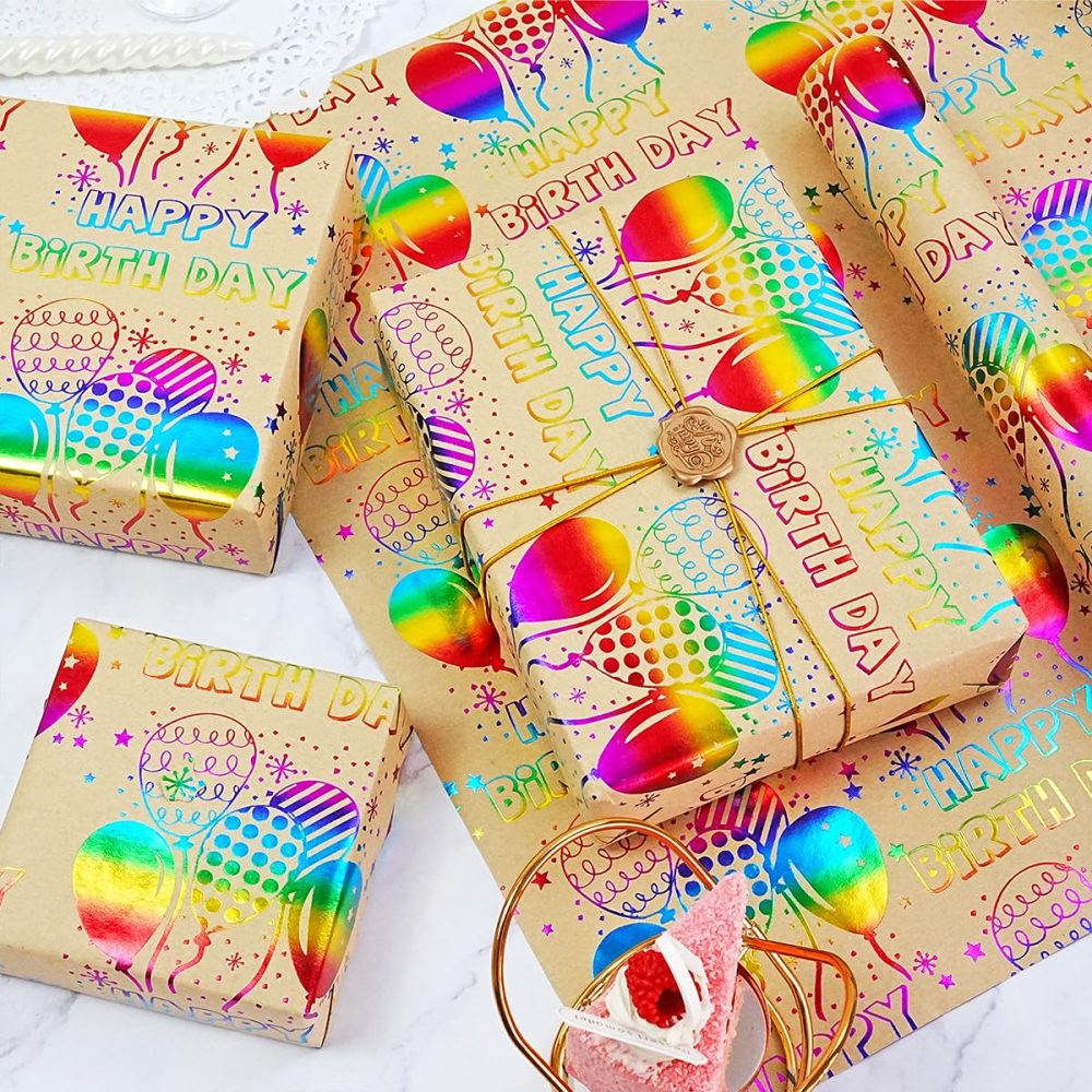 Birthday Wrapping Paper Roll 43cm x 10m, Colorful Metallic Foil Kraft Birthday Wrapping Paper, Happy Birthday Wrapping Paper Roll for Girls Women Boys Men, Gift Wrapping Paper for Birthday Baby Shower - Image 6