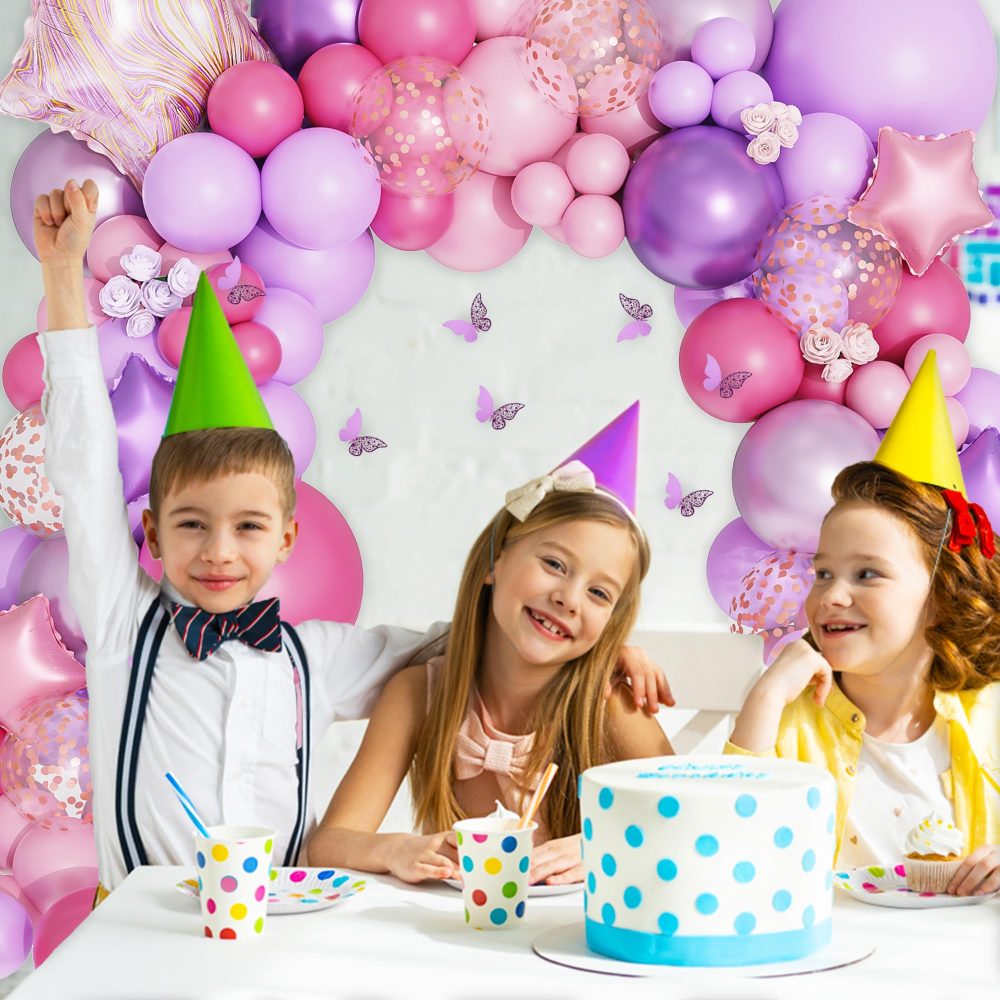 180Pcs Pink Purple Balloon Arch Kit 12 Hollow Butterfly Sticker Bitrthday Purple Pink Party Decoration for Girls Woman Star Foil Balloon Butterfly Decoration for Baby Shower Weeding Party Decor - Image 2