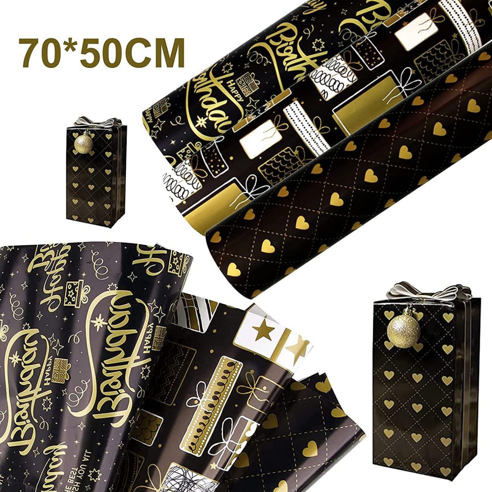 Gift Wrapping Paper Set 6 Sheets 3 Styles Happy Birthday Wrapping Paper Roll with 2 Rolls 5M Gold Silk Ribbon Black Gold Wrapping Paper Sheets 70 × 50cm - Image 5