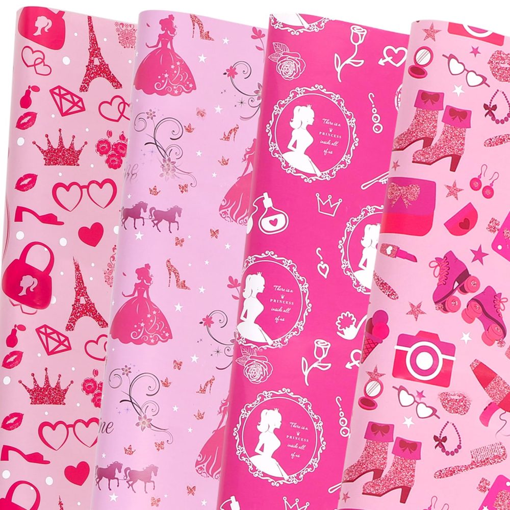8 Sheets Girl Princess Wrapping Paper 50x70cm Hot Pink Girl Party Gift Wrap Paper Pink Birthday Wrapping Paper for Girls Birthday Baby Shower Craft Gift DIY Decor