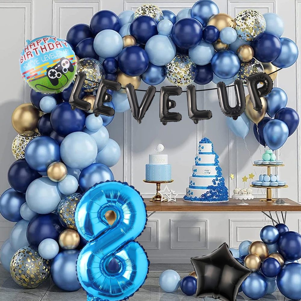 Blue 8th Video Game Balloon - 32 Pieces 8th Birthday Decorations Level Up Letter Number 8 Foil Balloon Game Controller Birthday Balloon Round Star Foil Balloon for Boy Video Game Birthday Decorations - Image 2