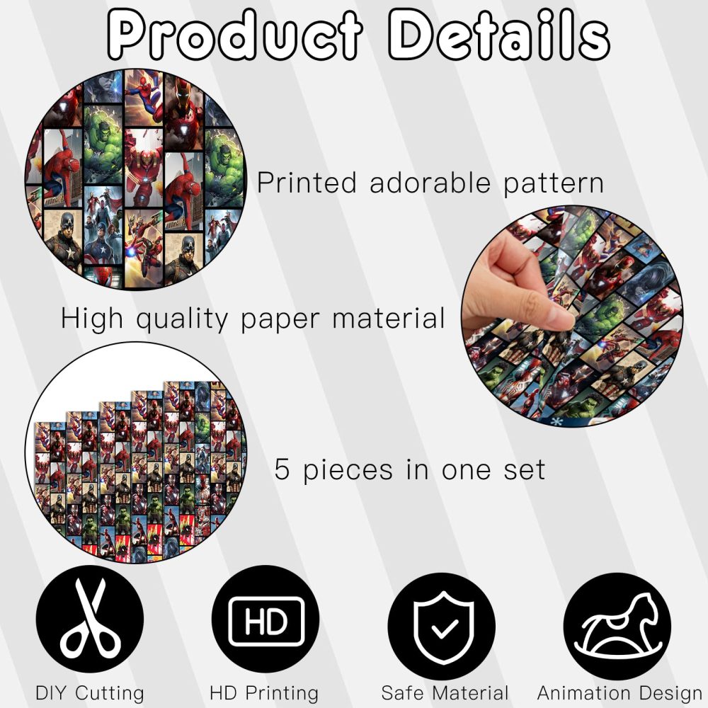 5 Sheets Hero Wrapping Paper, 70cm x 50cm Premium Theme Gift Wrapping Paper, Themed Birthday Wrapping Paper Boys Girls Designed for Birthday Gift, Theme Party Gift - Image 5