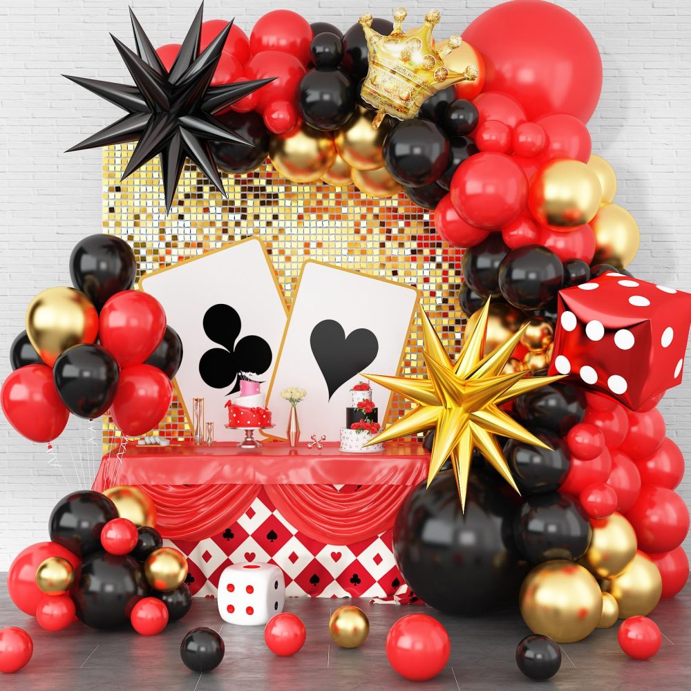 Red Black and Gold Balloons Arch Kit, Casino Theme Balloon Garland with Black Gold Starburst Crown Dice Foil Balloons for Women Men Casino Las Vegas Game Night Poker Theme Birthday Party Decor