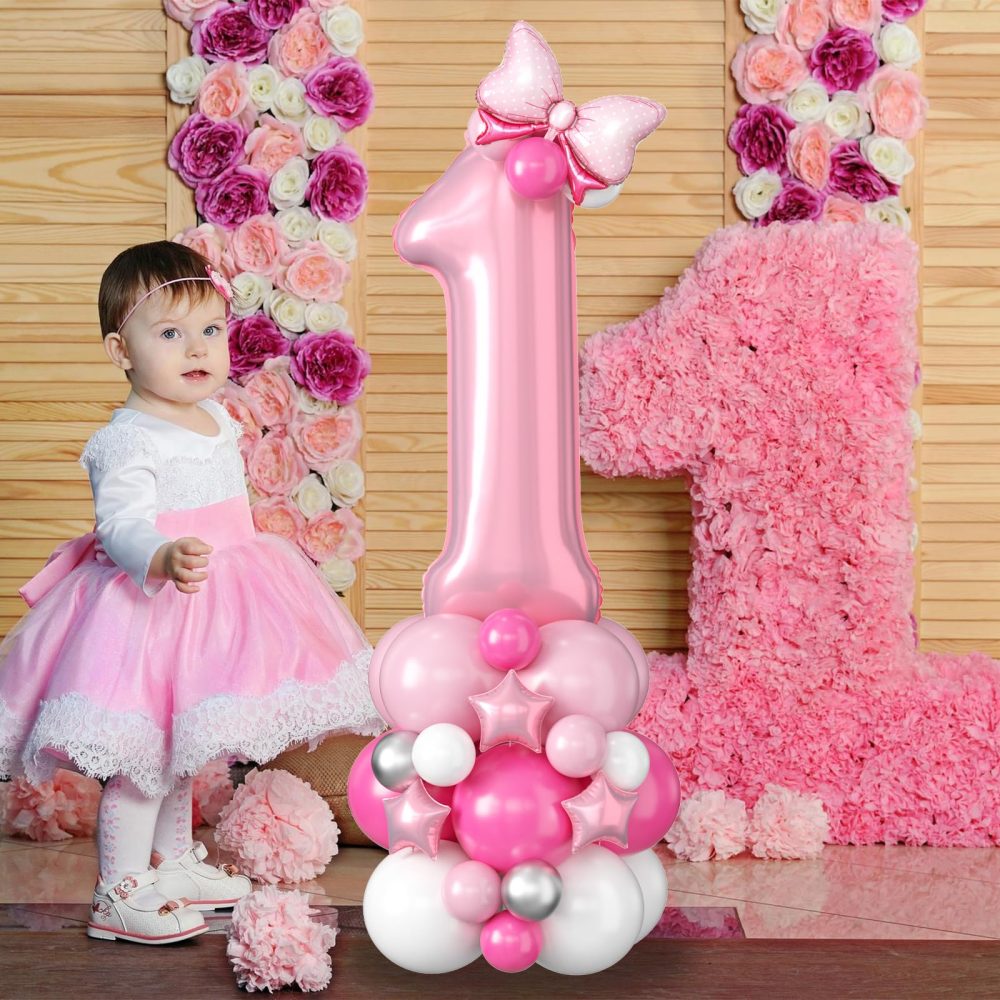 40 Inch Number 1 Balloon Pink Number Foil Balloons Giant Number One Balloon Tower Large Pastel Baby Pink Helium Latex Digital Balloons Stack for Girls First 1st Birthday Baby Shower Anniversary Party - Image 6