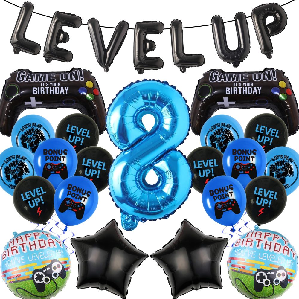 Blue 8th Video Game Balloon - 32 Pieces 8th Birthday Decorations Level Up Letter Number 8 Foil Balloon Game Controller Birthday Balloon Round Star Foil Balloon for Boy Video Game Birthday Decorations