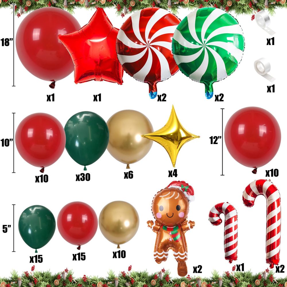 Christmas Balloon Arch Kit Red Green Gold Latex Balloons Garland Large Gingerbread Man Red Green Windmill Mini Crutch Foil Balloons with Four/Five Pointed Star for Xmas New Year Party Decortaion - Image 7