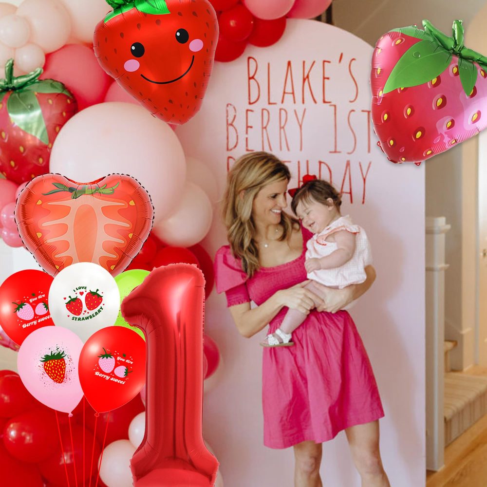 1st Strawberry Birthday Decoration Balloons - 15 Pieces 1st Birthday Decoration Number 1 Red Balloon Smile Heart Strawberry Balloons Latex Balloons for Boys Girls First Strawberry Party Decorations - Image 4