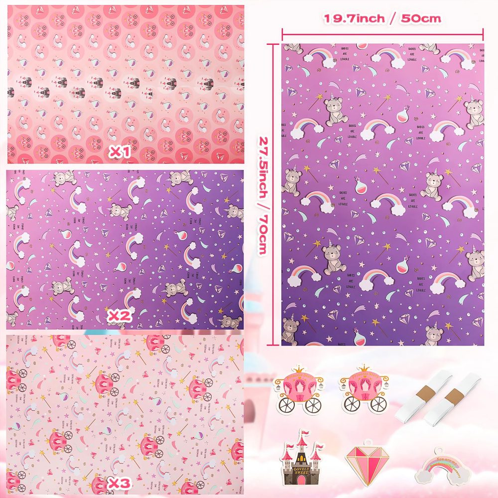 Wrapping Paper Girls Birthday Wrapping Paper Sheets,Purple Castle Rainbow Pink Wrapping Paper Set,Recycled Gift Wrapping Paper for Girls Kids Gift Wrap Birthday Paper for Present,Tag Ribbion - Image 6